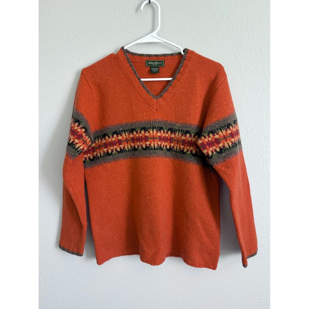 Vintage Eddie Bauer Womens Lambswool V-Neck Sweater Small Petite Orange Fall